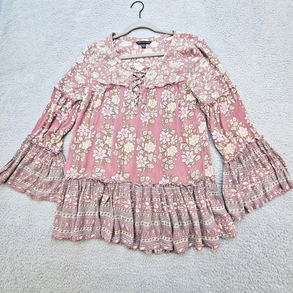 American Eagle Blouse Womens Small Mauve Floral Lace Up Bell Sleeve Boho Peasant